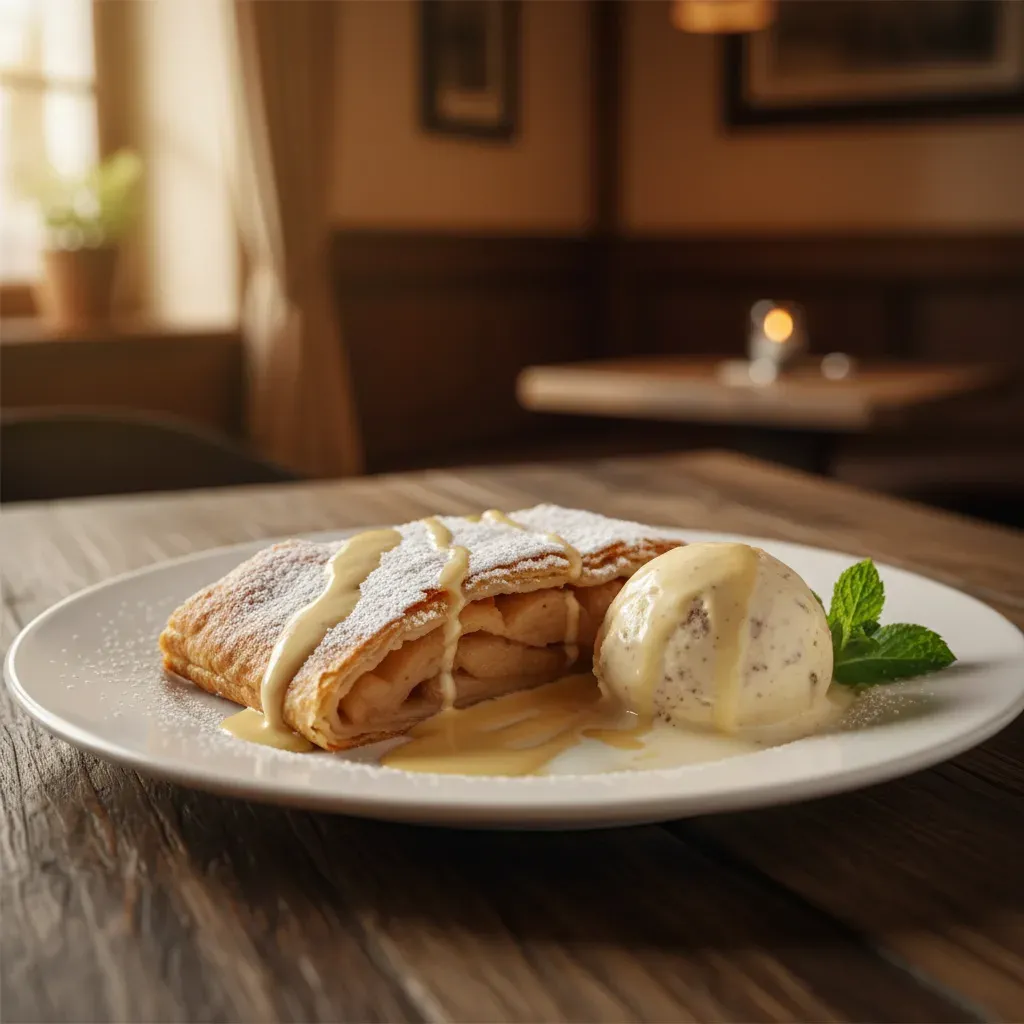 Professionelles Foto: Apfelstrudel mit Vanilleeis