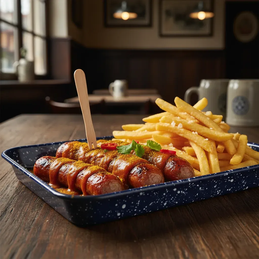 Professionelles Foto: Currywurst mit Pommes